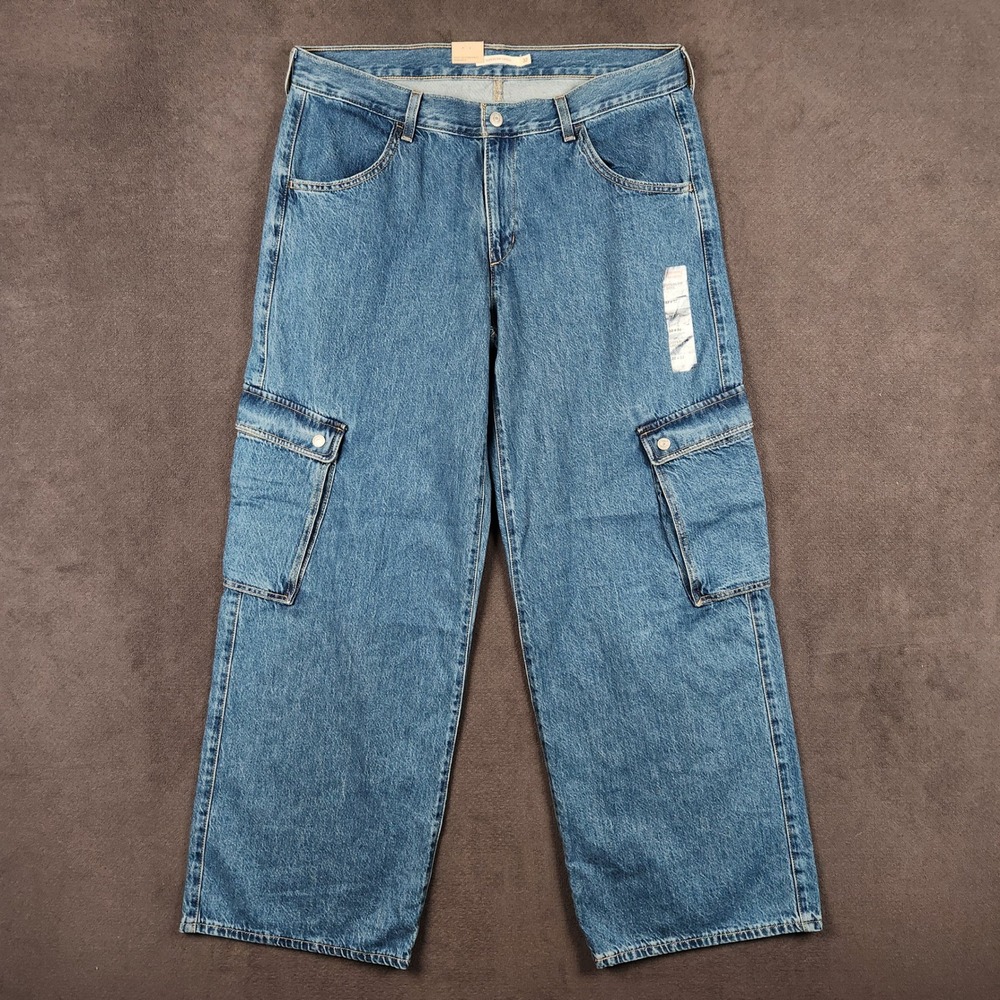 Levis Superlow Cargo Jeans Womens 32 Blue Baggy Wide Leg Medium Wash NEW